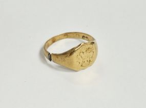 18ct gold signet ring (worn and cut), 5.5g approx.