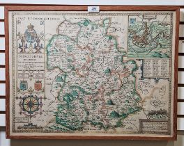 John Speed Hand-coloured engraved map "Shropshyre Described, The Sittuation of Shrowesbury Shewed