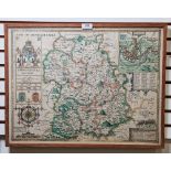 John Speed Hand-coloured engraved map "Shropshyre Described, The Sittuation of Shrowesbury Shewed