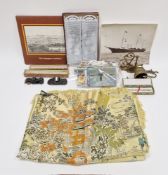 Modern machine made Chinese table cover/wall hanging with a fringe, two boxed souvenir fans, a boxed