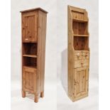 Pine storage unit having three shelves, three drawers and a single door cupboard, 178cm high x