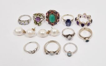 Quantity modern silver stone set rings to include amethyst-coloured stones and others