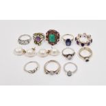 Quantity modern silver stone set rings to include amethyst-coloured stones and others