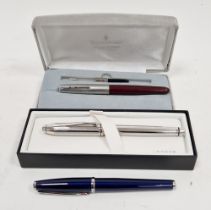 Three contemporary fountain pens, comprising: a Waterford, boxed and a Cross fountain pen, boxed,