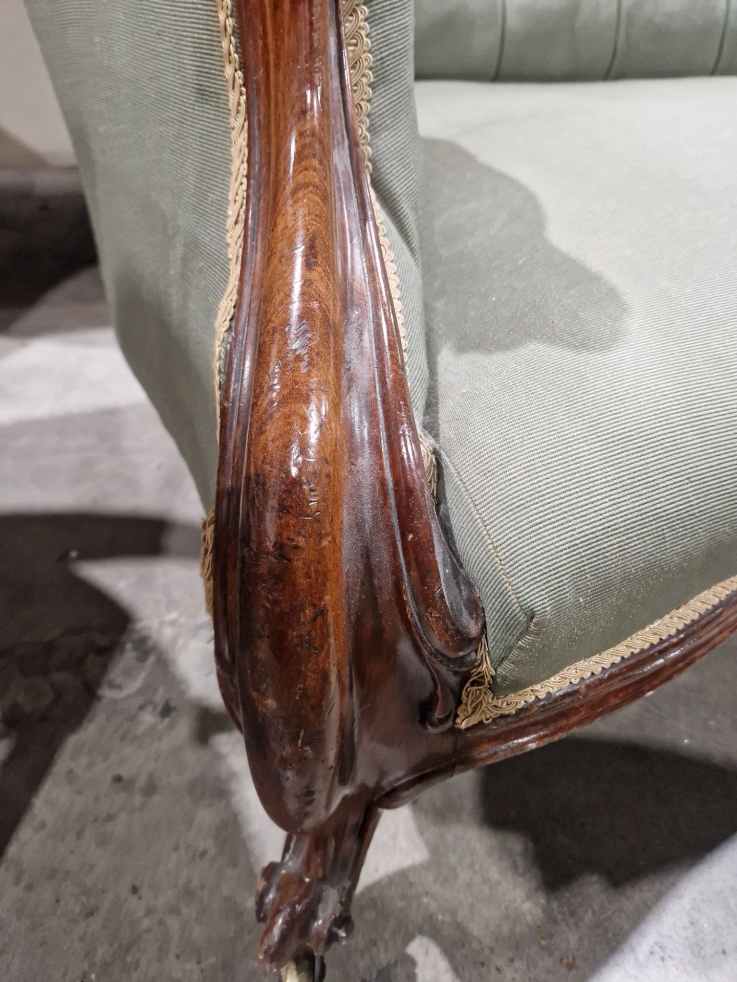 Victorian mahogany-framed parlour sofa, with scroll button back and foliate carved frame, - Image 13 of 29