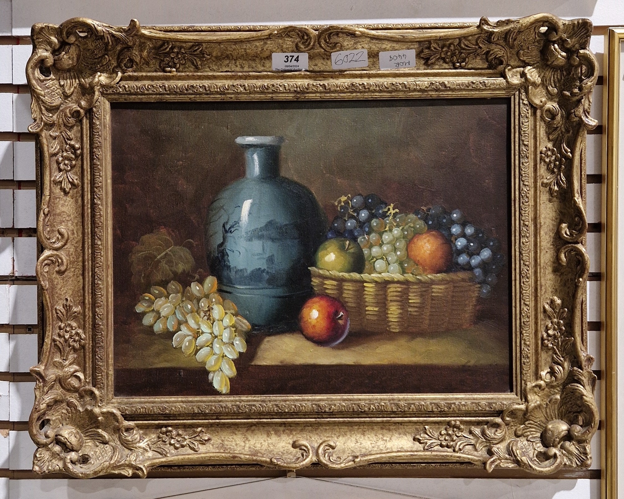 20th century school Oil on canvas Still life with vase and fruit, indistinctly signed lower right, - Image 2 of 4