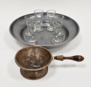 Set of six 18th century style firing glasses, a 19th century pewter dish, stamped with crowned
