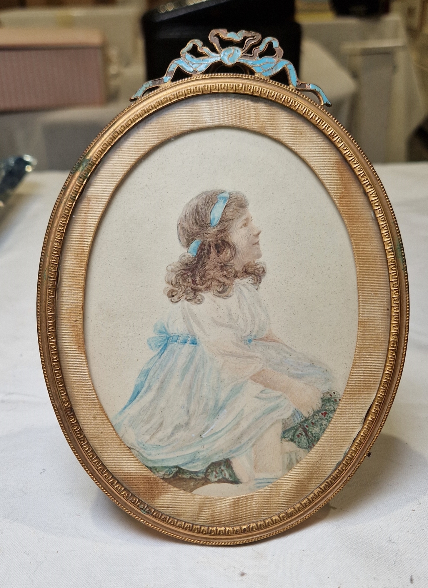 Late 19th/early 20th century school Watercolour drawing Young girl seated wearing white dress with - Image 2 of 2