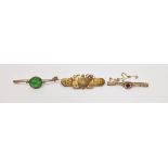 LOT WITHDRAWN 9ct gold bar brooch, pierced with garnet-coloured stone to the centre, a Victorian