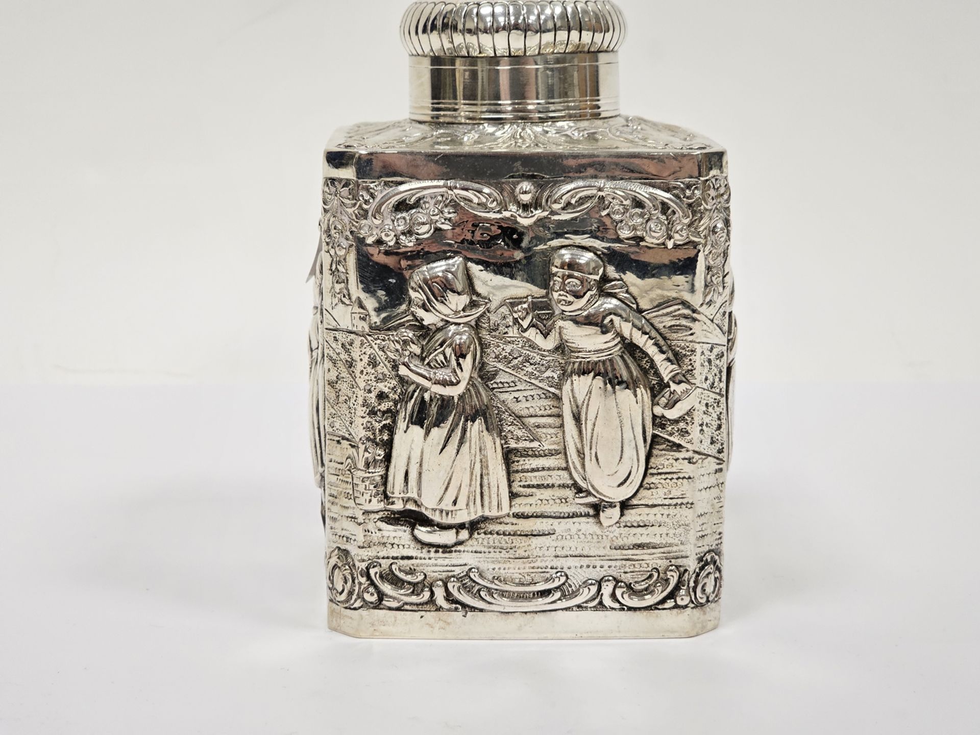 Dutch silver-coloured metal tea caddy, square-section, the domed cover with picture of boy beside - Image 4 of 5