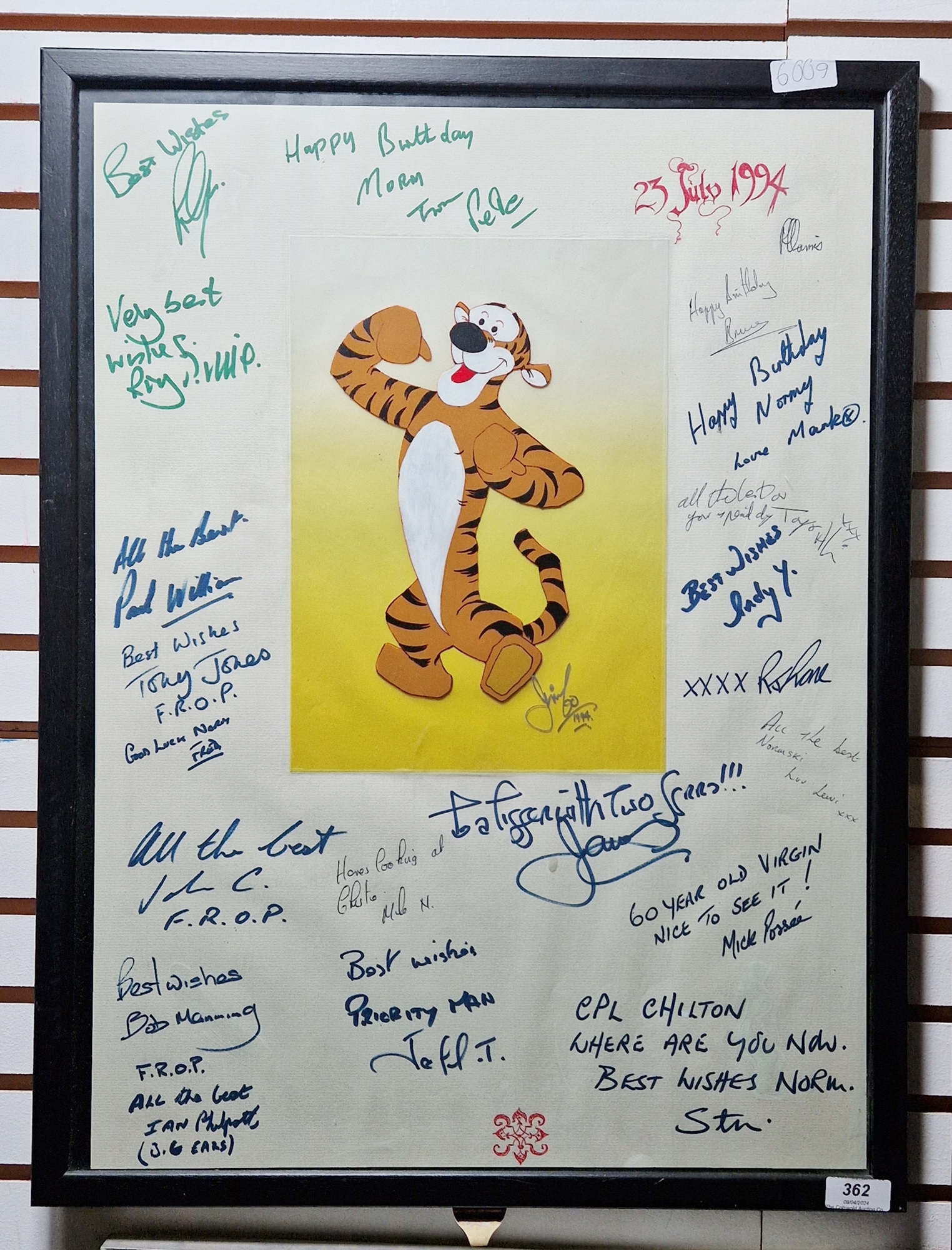Tigger from Winnie the Pooh animation cel, signed 'Jimbo' and dated 1994, framed and glazed, image - Image 2 of 3