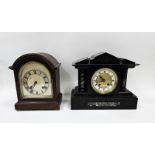 Arched dial and cased mahogany mantel clock, silvered chapter ring with roman numerals, the brass