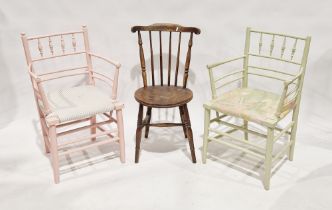Pair of William Morris style Sussex later painted armchairs, each with spindle backs and upholstered