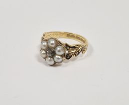Victorian 18ct gold, pearl, diamond and black enamel memorial ring, the daisy head set central small