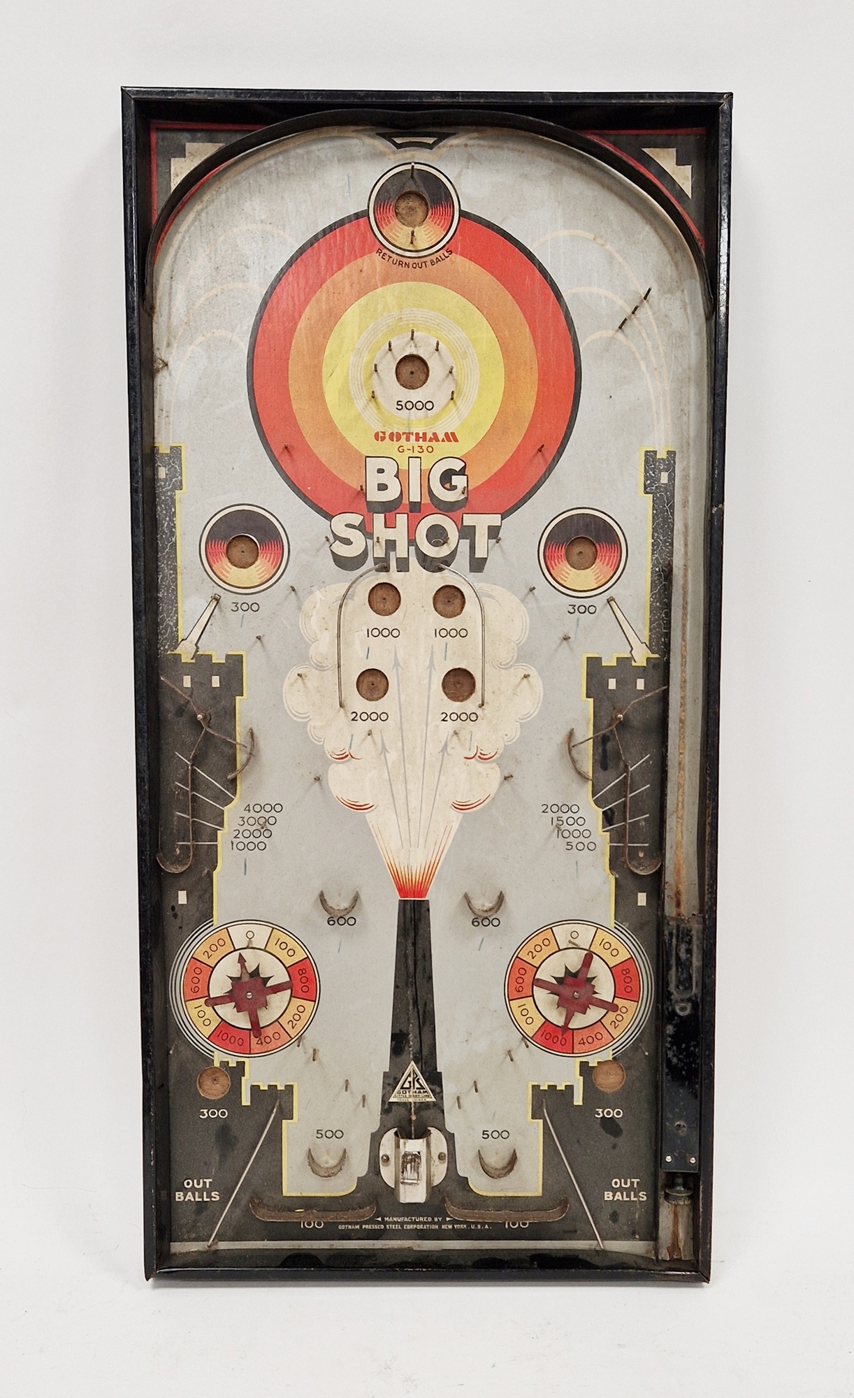 Vintage bagatelle board labelled 'Gotham G-130 Bigshot'