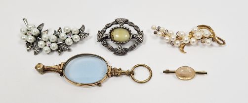 Sterling silver gilt pearl spray brooch, a pair gold-plated lorgnettes and other brooches