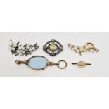 Sterling silver gilt pearl spray brooch, a pair gold-plated lorgnettes and other brooches