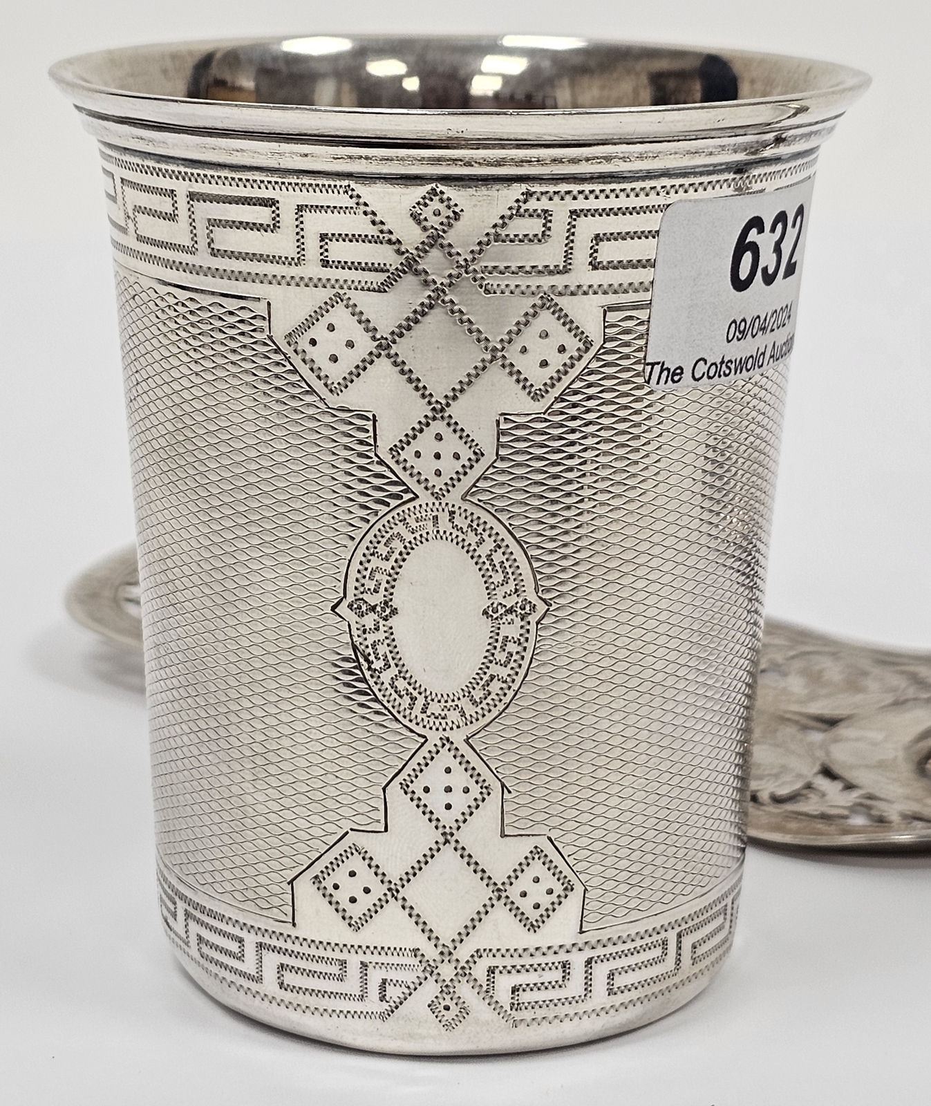 19th century German silver beaker of plain form with engraved Greek Key decoration, monogrammed, - Image 2 of 4