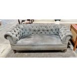 Victorian Chesterfield sofa with green fabric upholstery, on turned front legs, 192cm wide