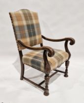 20th century oak armchair, the seat, back and base with a checked upholstery, scrolling carved