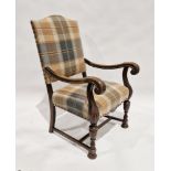 20th century oak armchair, the seat, back and base with a checked upholstery, scrolling carved