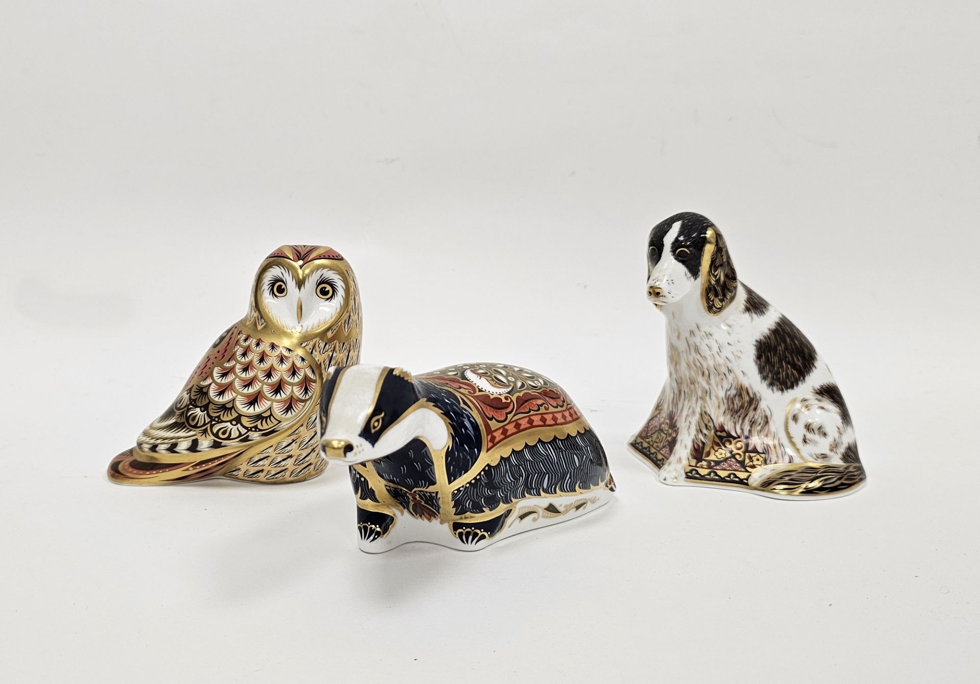 Three Royal Crown Derby bone china imari pattern paperweights, modelled as Moonlight Badger, Short