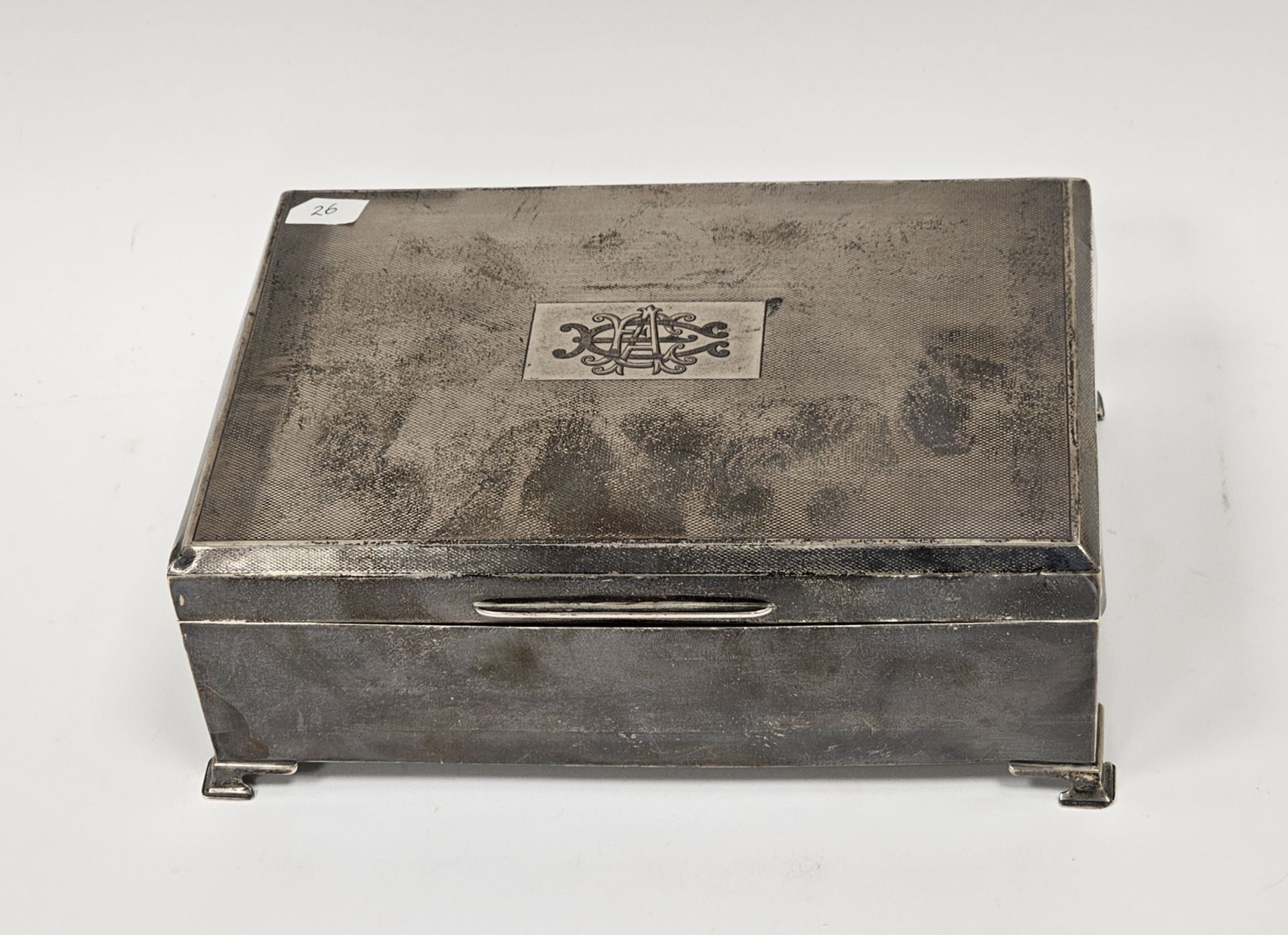 Silver cigarette box, Birmingham 1931, of rectangular form and the hinged lid with engine-turned - Image 2 of 3