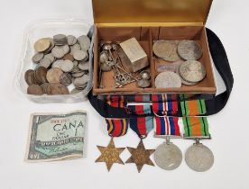 Mid-century silver-plated cigar box, a collection of loose GB coinage, a group of four WWII medals