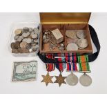 Mid-century silver-plated cigar box, a collection of loose GB coinage, a group of four WWII medals