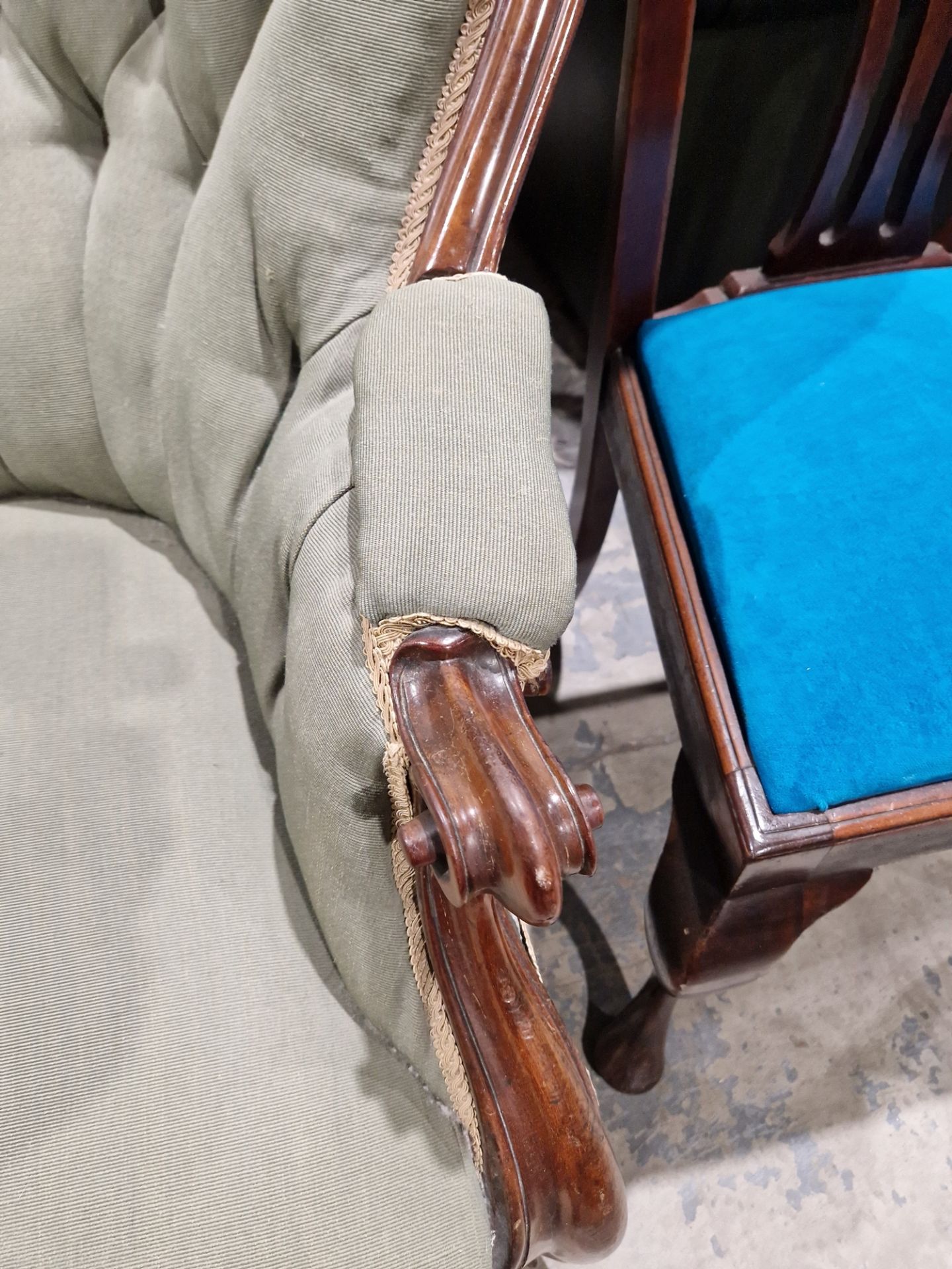 Victorian mahogany-framed parlour sofa, with scroll button back and foliate carved frame, - Image 6 of 29