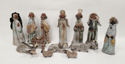 Ashwell pottery tin glazed earthenware nativity set including the wise men, cattle and crib, a Seven