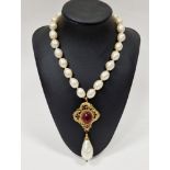 1980's Chanel simulated blister pearl and garnet choker necklace, formed of large oval faux pearl