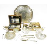 Collection of plated ware, including aesthetic movement servers, a pair of sauceboats, trophy,