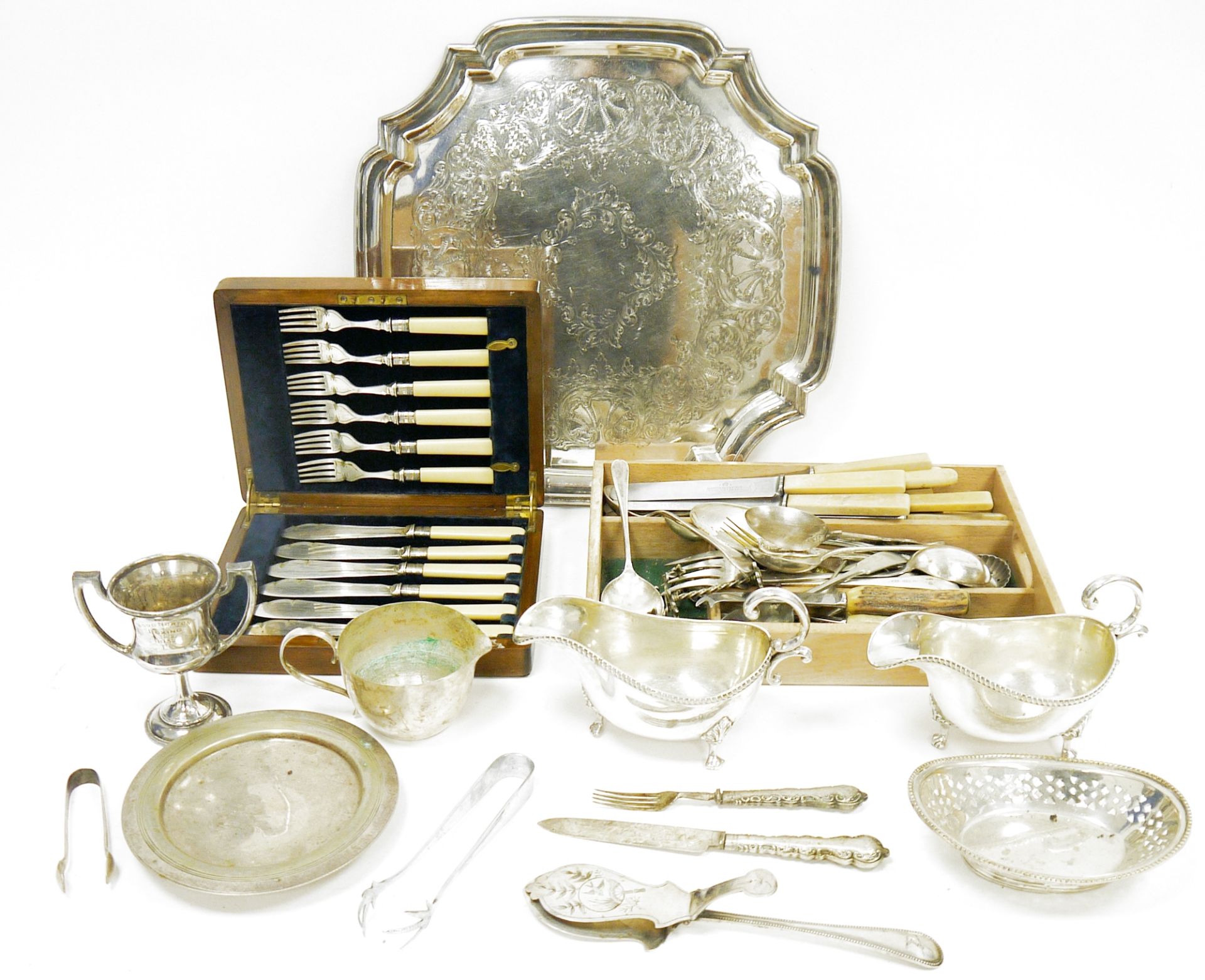 Collection of plated ware, including aesthetic movement servers, a pair of sauceboats, trophy,