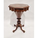 Victorian walnut sewing table of octagonal form, inlaid marquetry to the lid, opening to reveal