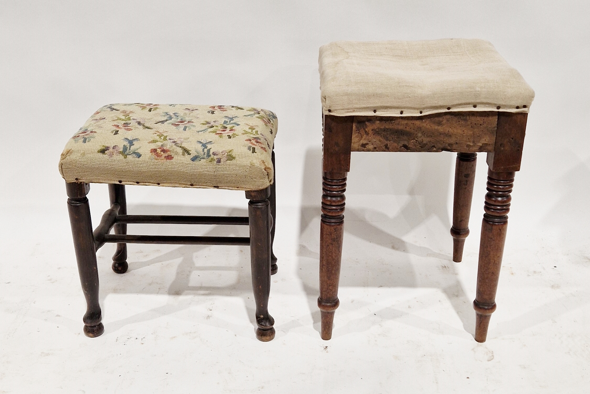 Georgian oak footstool with two stretchers, on turned legs with pad feet, 41cm high x 37cm wide x