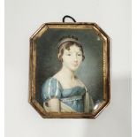 Late 18th/early 19th Century French School Portrait miniature of a lady in watercolour on ivory In