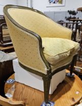 19th century Italian painted tub chair with yellow upholstery, serpentine fronted seat, on squared