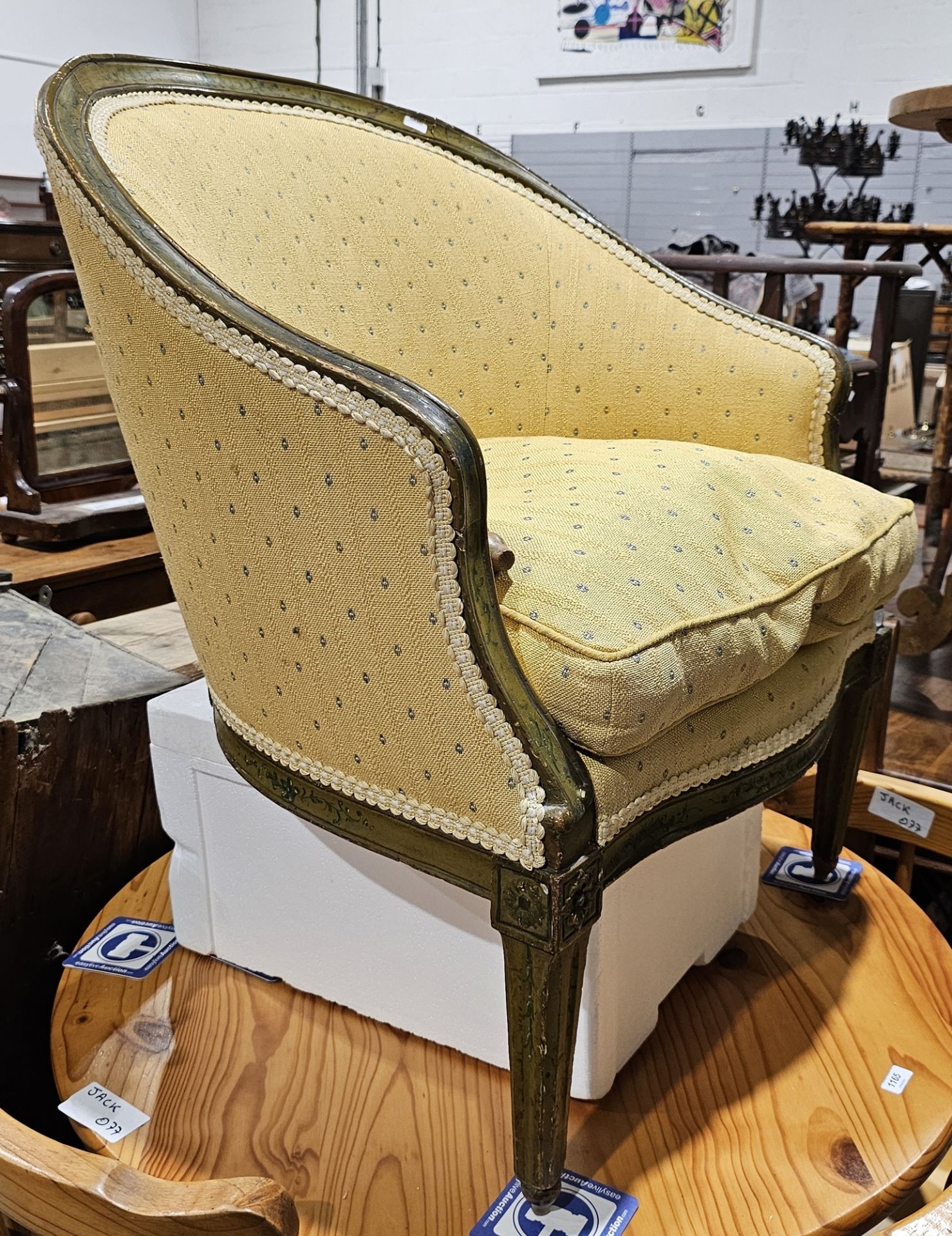 19th century Italian painted tub chair with yellow upholstery, serpentine fronted seat, on squared