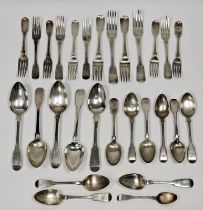Quantity of Georgian and later silver fiddle pattern flatware including a set of four George III