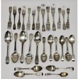 Quantity of Georgian and later silver fiddle pattern flatware including a set of four George III