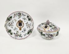 French faience Veuve Perrin-style armorial ecuelle, cover and stand, circa 1900, spurious black VP