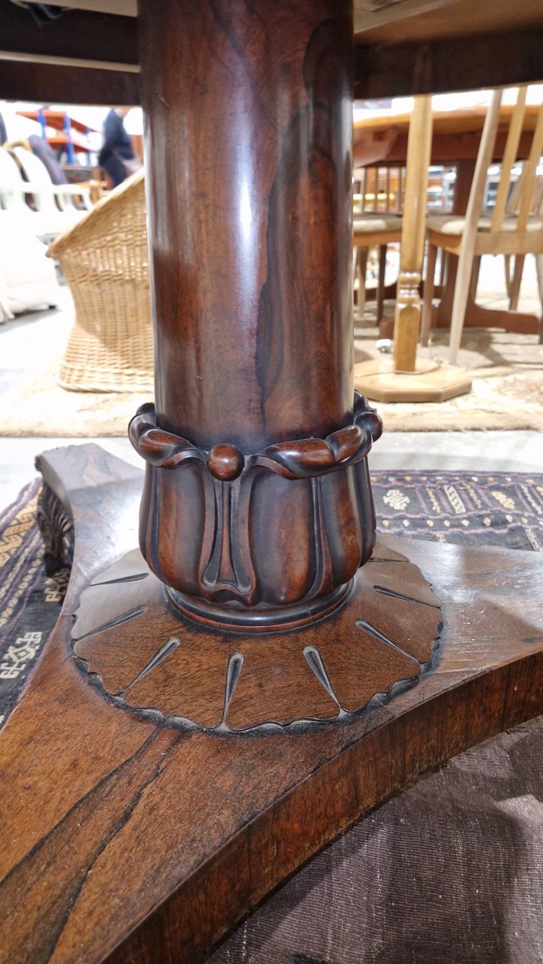 Large early Victorian rosewood tilt-top dining table of circular form, with carved floral central - Image 27 of 30