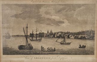 18th century engraving "View of Greenwich from Deptford", framed and glazed, together with two