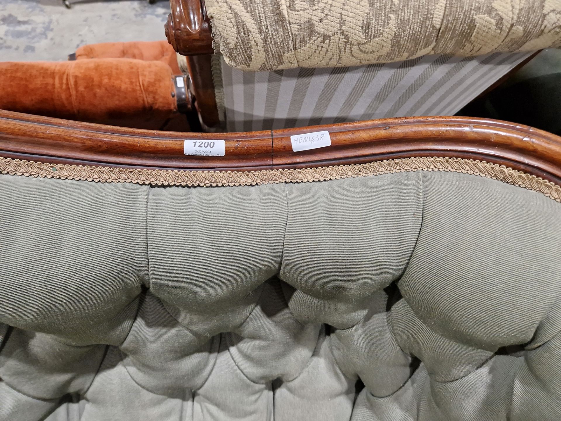 Victorian mahogany-framed parlour sofa, with scroll button back and foliate carved frame, - Image 4 of 29