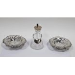 Pair of Victorian silver reticulated pin trays and a silver-mounted glass whisky tot and label,