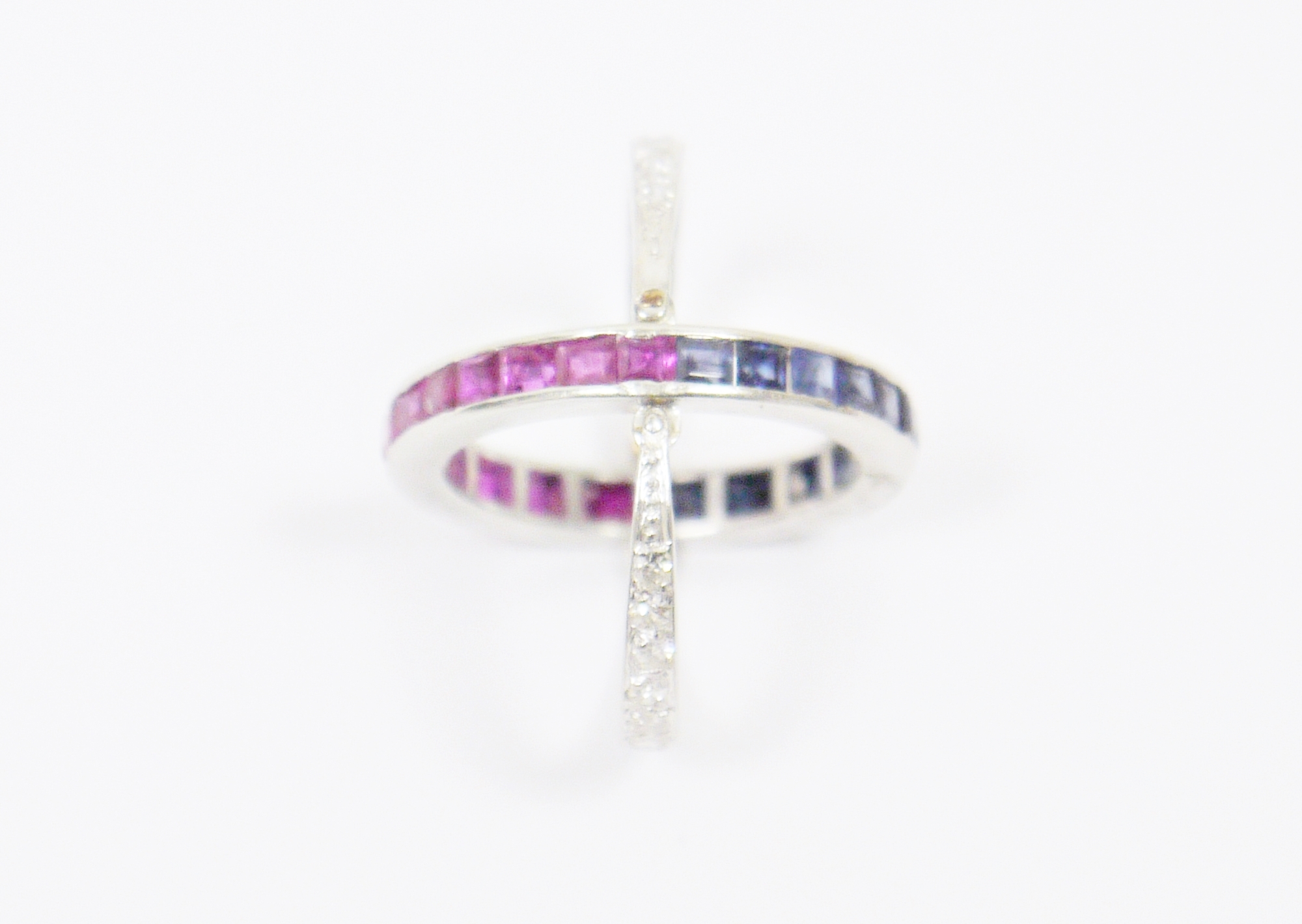 White metal, diamond, ruby and sapphire ring, each half hoop of sapphire or diamond flanked by two - Image 2 of 2