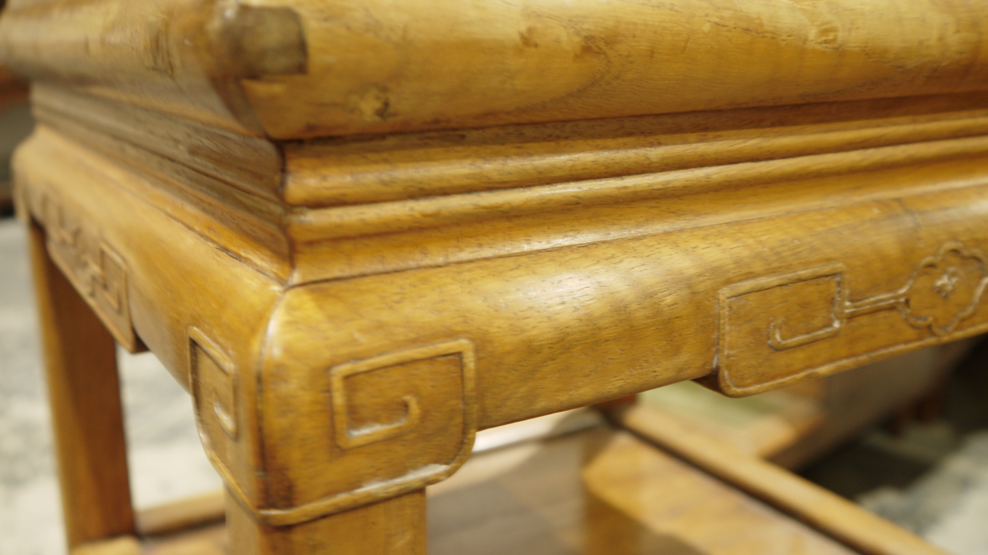 Pair of Chinese Longyanmu (tiger-skin wood) side tables, each of square form with stylised carved - Image 6 of 9