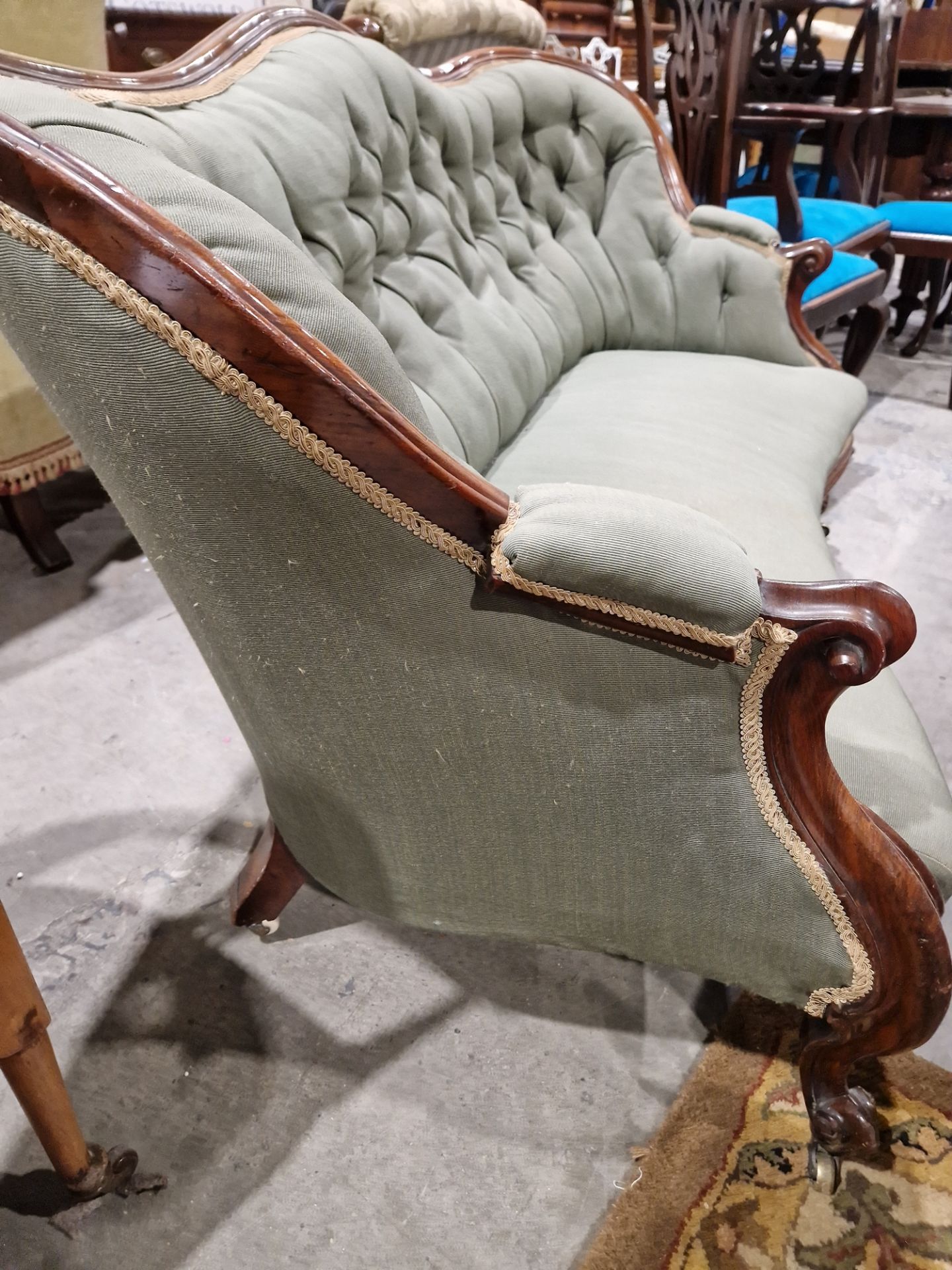 Victorian mahogany-framed parlour sofa, with scroll button back and foliate carved frame, - Image 19 of 29