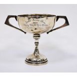 Indian silver-coloured two-handled trophy cup, circular bowl with angular flattened handles engraved